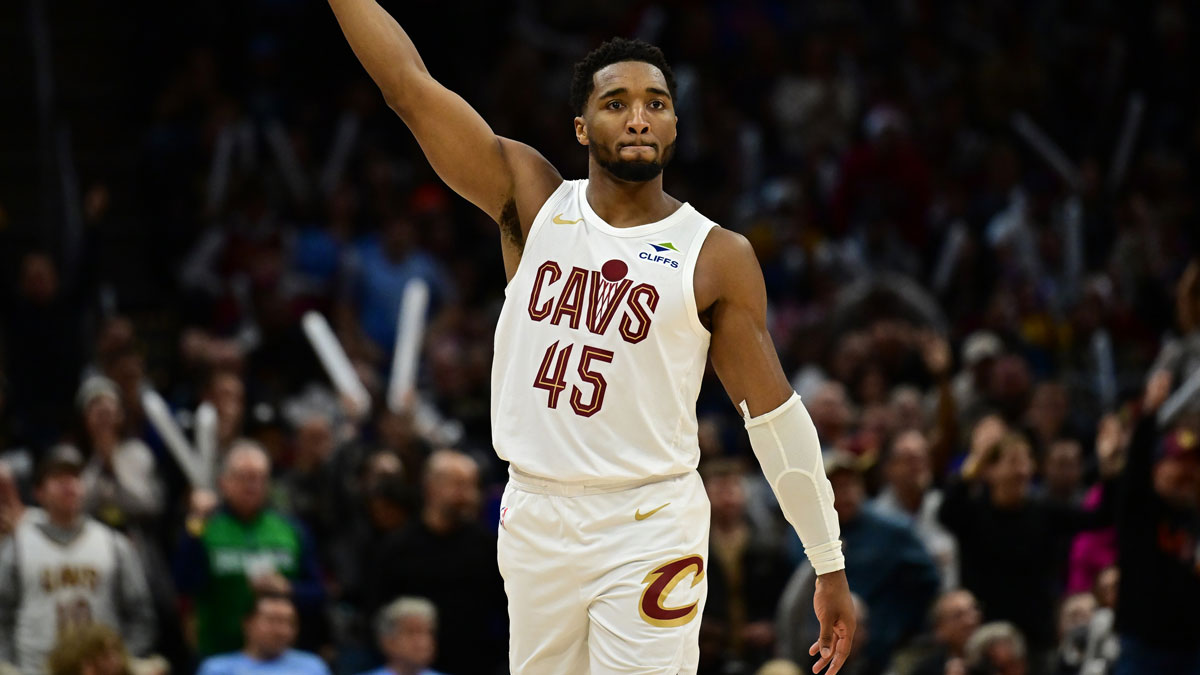 Cleveland Cavaliers guard Donovan Mitchell (45) celebrates after hitting a three point basket during the second half against the Milwaukee Bucks at Rocket Mortgage FieldHouse.