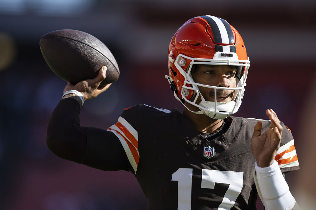 Cleveland Browns quarterback Dorian Thompson-Robinson (17) throws the ball during warm ups before the game against the Los Angeles Chargers at Huntington Bank Field.