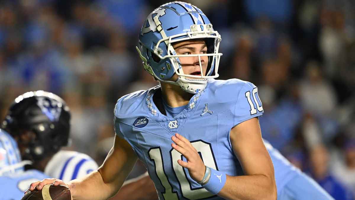 North Carolina Tar Heels quarterback Drake Maye (10) looks to pass in the first quarter at Kenan Memorial Stadium. 