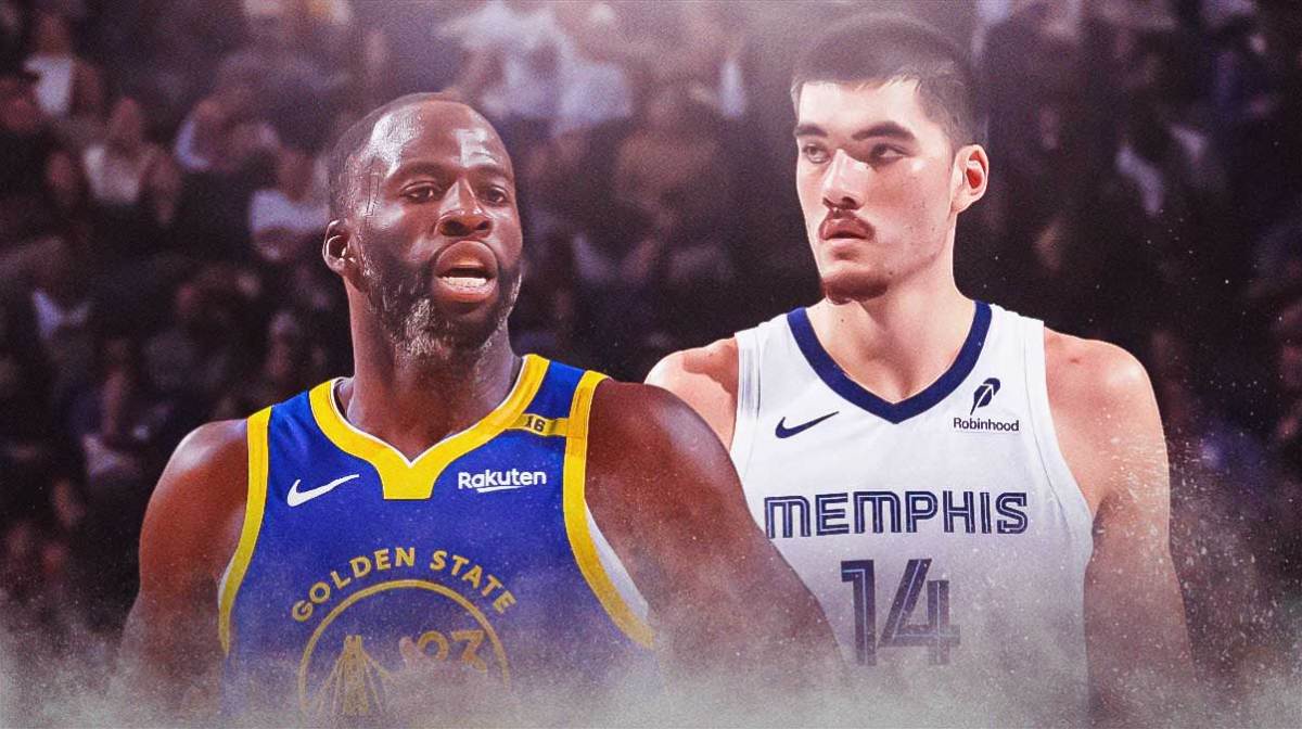 Golden State Warriors player Draymond Green and Memphis Grizzlies player Zach Edey, Ja Morant block