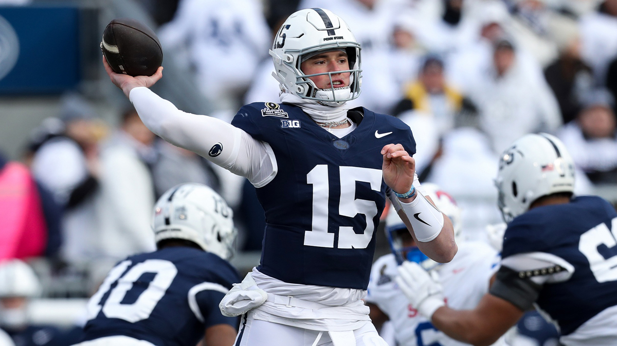 Penn State Nittany Lions quarterback Drew Allar (15) throws a pass during the first quarter against the Southern Methodist Mustangs in the first round of the College Football Playoff at Beaver Stadium.