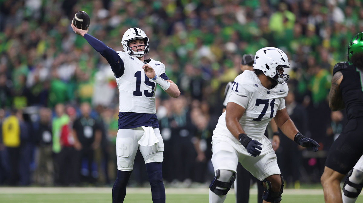 Penn State Nittany Lions quarterback Drew Allar (15) throws downfield during the first quarter against the Oregon Ducks in the 2024 Big Ten Championship game at Lucas Oil Stadium.