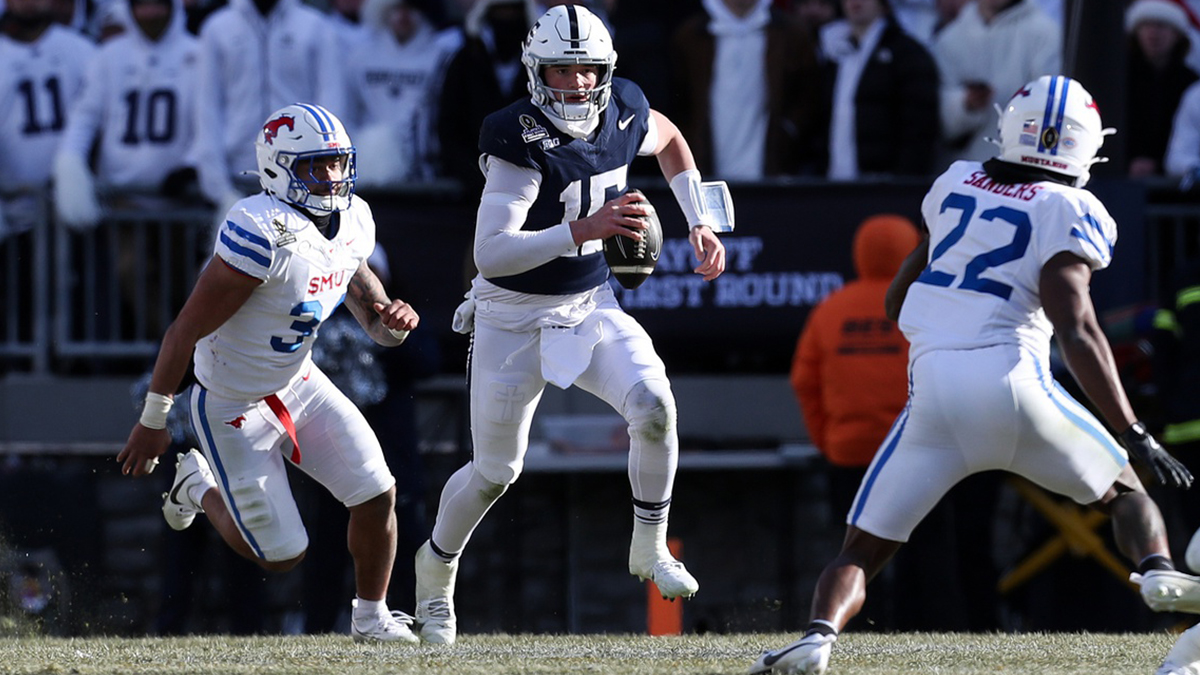 Penn State Nittany Lions quarterback Drew Allar (15) runs with the ball during the second quarter against the Southern Methodist Mustangs in the first round of the College Football Playoff at Beaver Stadium.