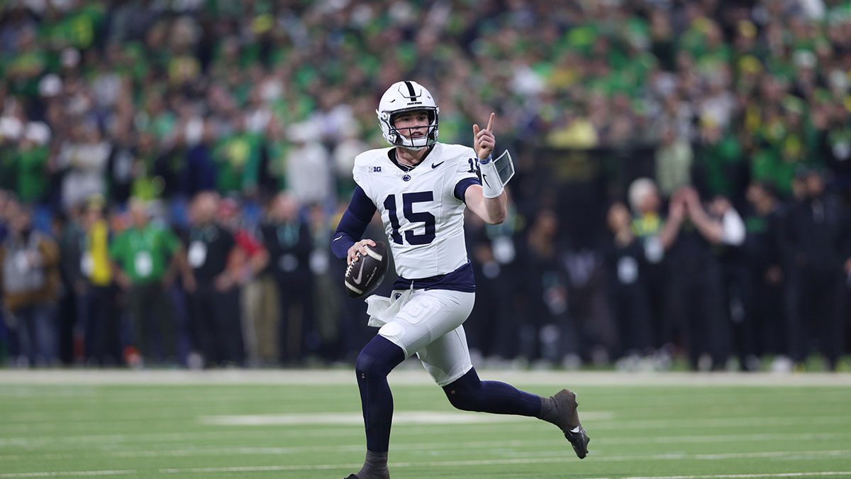 Penn State Nittany Lions quarterback Drew Allar (15) throws downfield during the first quarter against the Oregon Ducks in the 2024 Big Ten Championship game at Lucas Oil Stadium.
