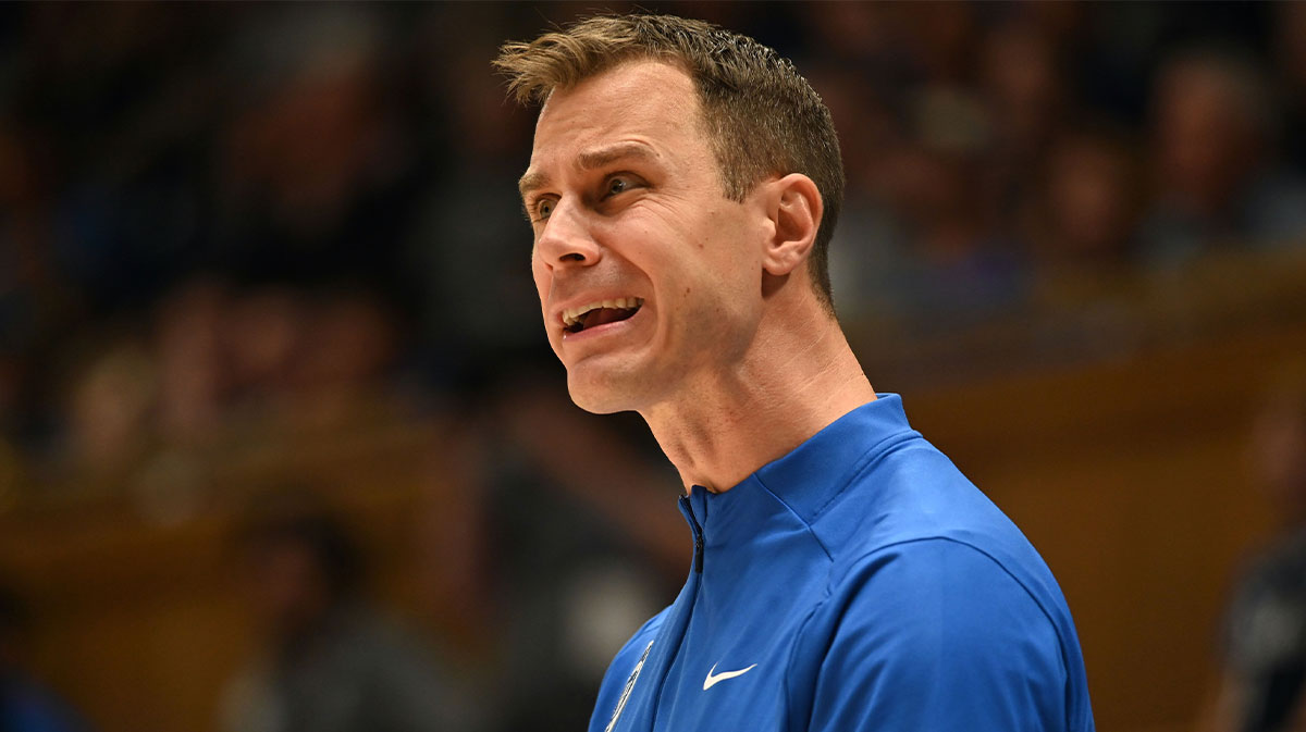 Duke Blue Devils head coach Jon Scheyer reacts during the first half against the Incarnate Word Cardinals at Cameron Indoor Stadium.