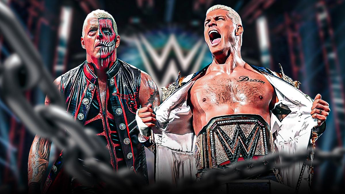 Dustin Rhodes next to Cody Rhodes wearing his WWE Championship belt in a wrestling ring.