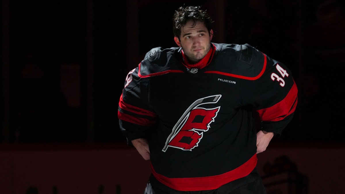 Carolina Hurricanes goaltender Dustin Tokarski (34) comes out onto the ice after their victory against the Columbus Blue Jackets at Lenovo Center.