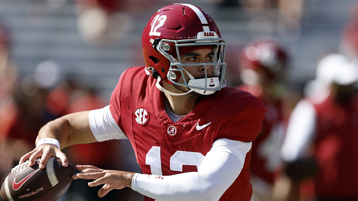 Alabama Crimson Tide quarterback Dylan Lonergan (12) warms up at Bryant-Denny Stadium.