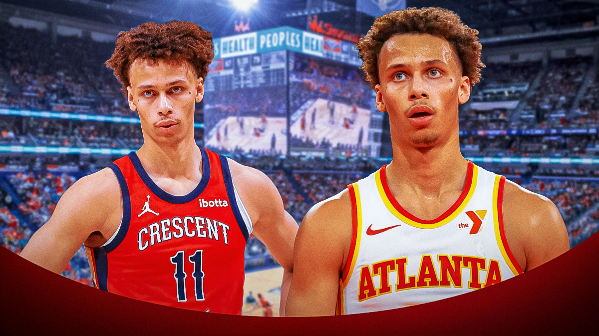 Dyson Daniels in a Hawks uniform and Dyson Daniels in a Pelicans uniform