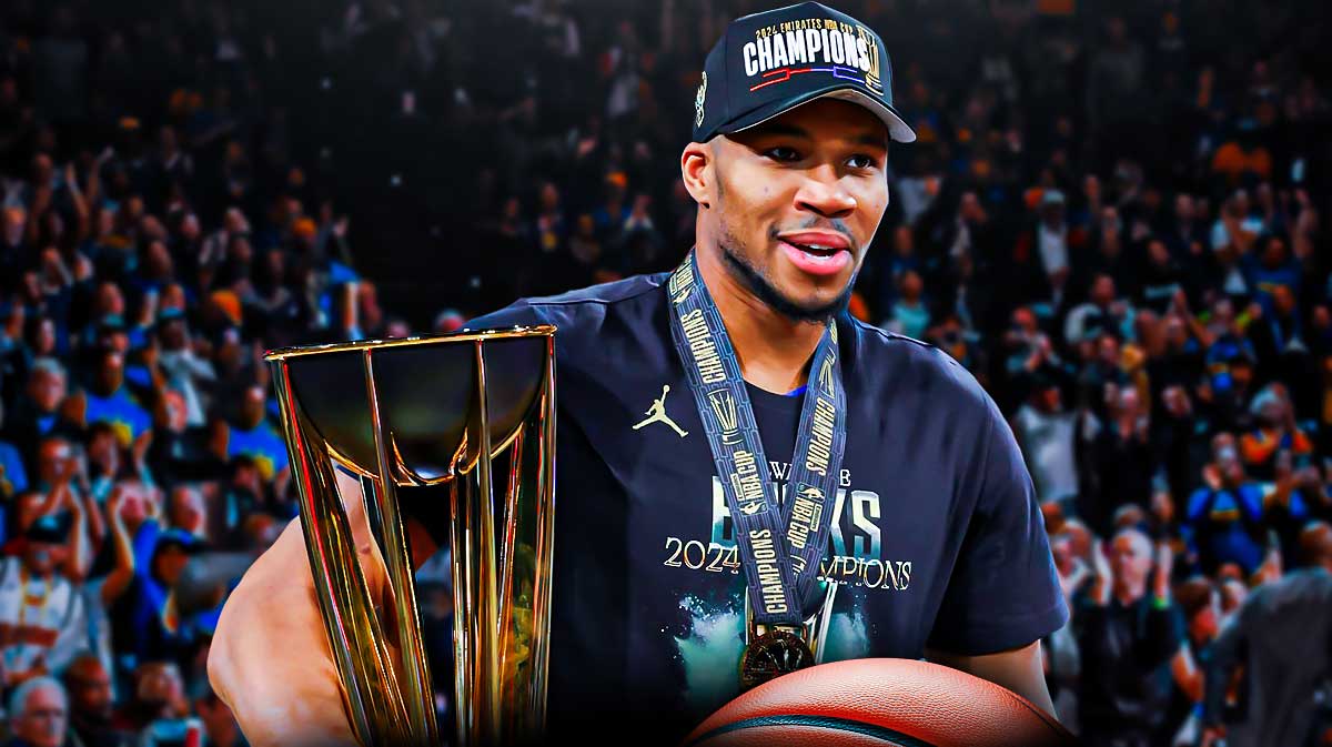 Giannis Antetokounmpo with the NBA Cup.