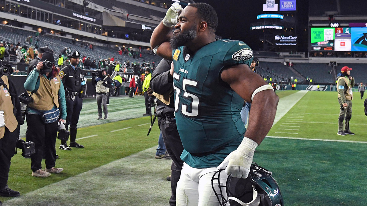 Philadelphia Eagles defensive end Brandon Graham (55) runs off the field after win against the Washington Commanders at Lincoln Financial Field.