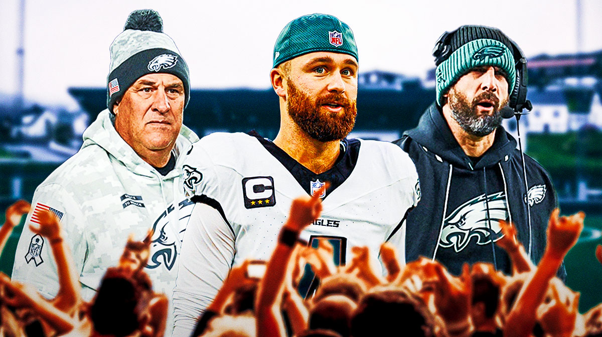 Nick Sirianni, Vic Fangio, and Jake Elliott in front of the Eagles stadium