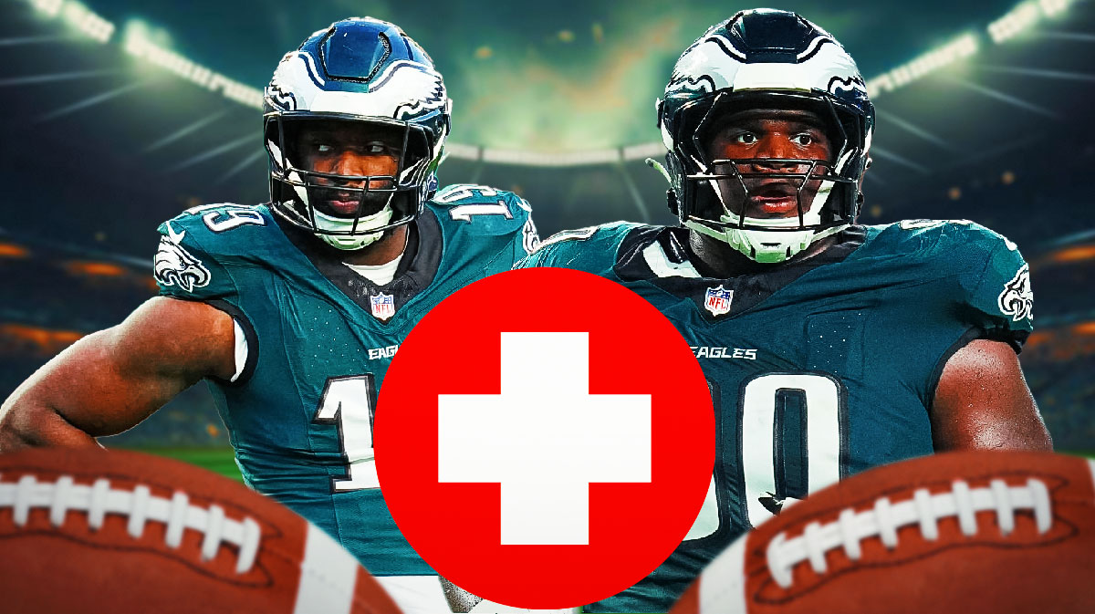 Eagles' Josh Sweat and Jordan Davis with medical Red Cross symbol