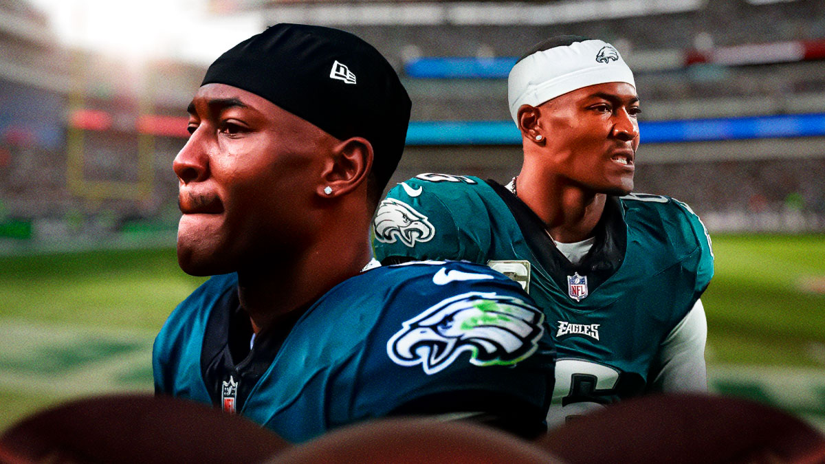 Eagles' DeVonta Smith with hands on head, dejected expression