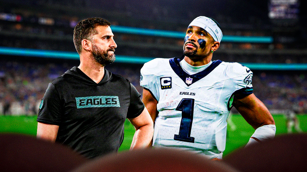 Philadelphia Eagles star Jalen Hurts and Nick Sirianni in front of Lincoln Financial Field.