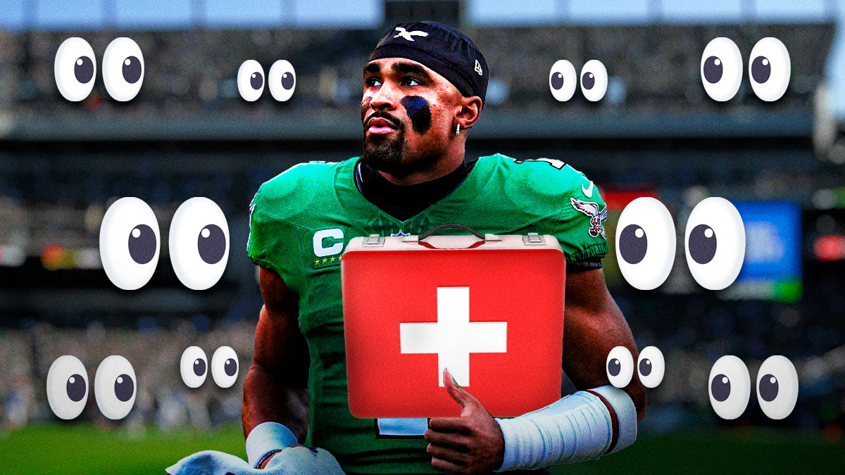 Jalen Hurts with a first aid kit, eyeball emojis all around.