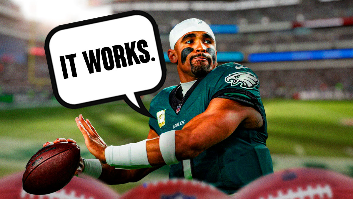 Philadelphia Eagles quarterback Jalen Hurts throwing a football with a thought bubble that says "it works."