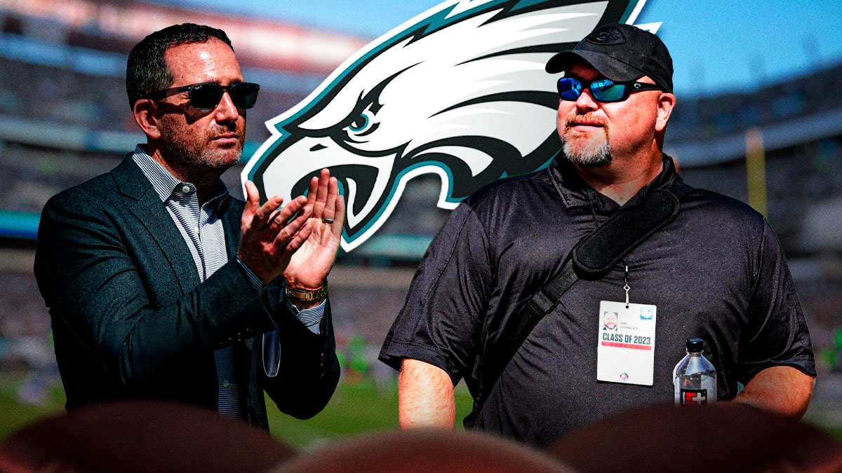 Joe Douglas and Howie Roseman. Eagles logo behind them.