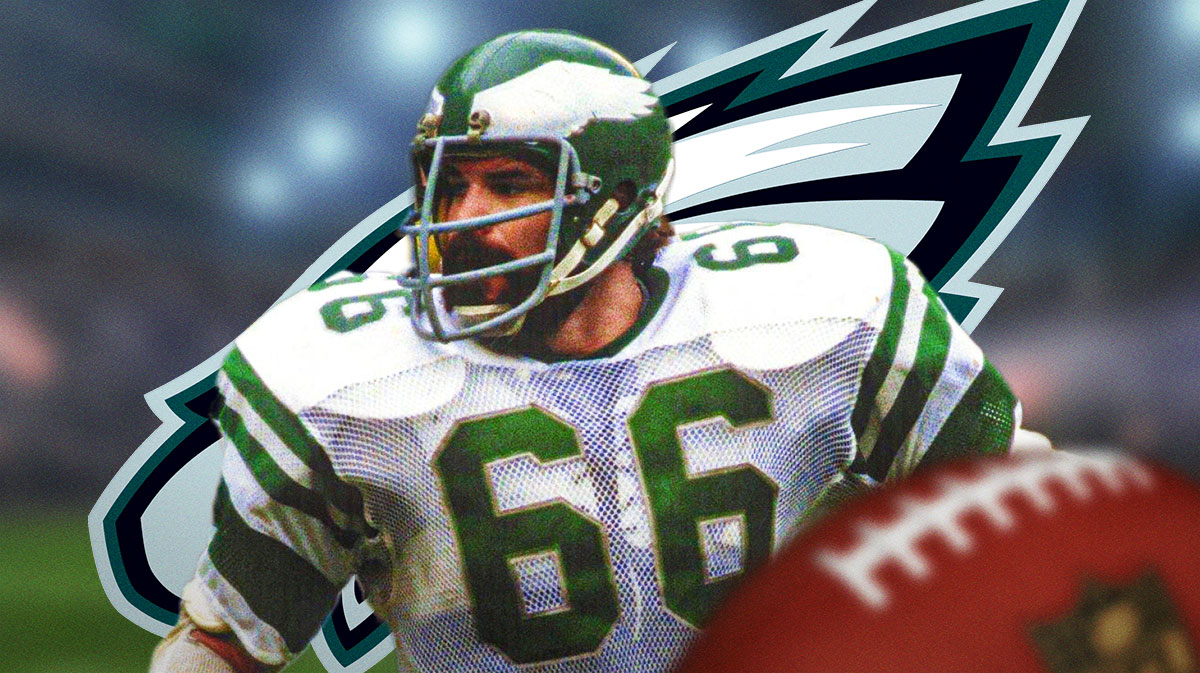 Former Philadelphia Eagles linebacker Bill Bergey with a logo for the Philadelphia Eagles.