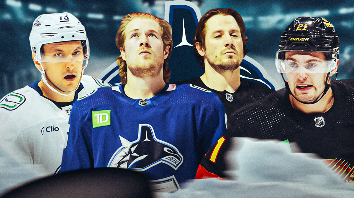 Vincent Desharnais, Brock Boeser, JT Miller and Nils Hoglander all in image, Vancouver Canucks logo, hockey rink in background