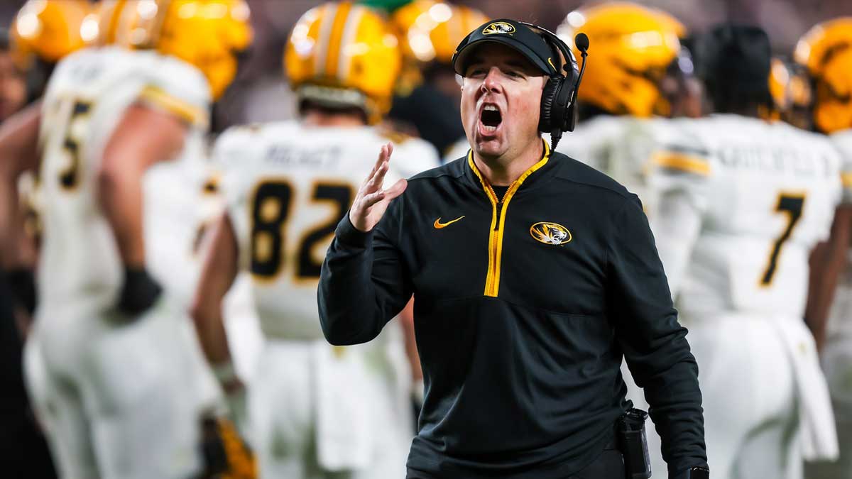 Nov 16, 2024; Columbia, South Carolina, USA; Missouri Tigers head coach Eliah Drinkwitz directs his team against the South Carolina Gamecocks in the second half at Williams-Brice Stadium. Mandatory Credit: Jeff Blake-Imagn Images
