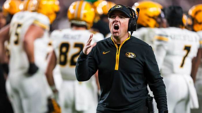 Nov 16, 2024; Columbia, South Carolina, USA; Missouri Tigers head coach Eliah Drinkwitz directs his team against the South Carolina Gamecocks in the second half at Williams-Brice Stadium. Mandatory Credit: Jeff Blake-Imagn Images