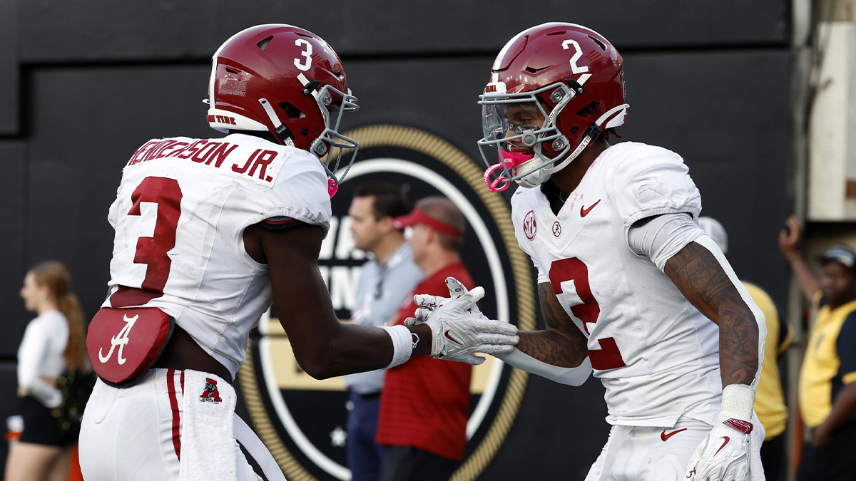 Alabama Crimson Tide wide receiver Emmanuel Henderson Jr. (3) and wide receiver Ryan Williams (2) celebrate after a touchdown against the Vanderbilt Commodores during the second half at FirstBank Stadium. Mandatory Credit: Butch Dill-Imagn Images