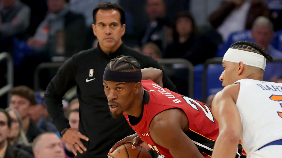Miami Heat head coach Erik Spoelstra watches as Heat forward Jimmy Butler (22) controls the ball against New York Knicks guard Josh Hart (3) during the first quarter of game one of the 2023 NBA Eastern Conference semifinal playoffs at Madison Square Garden.