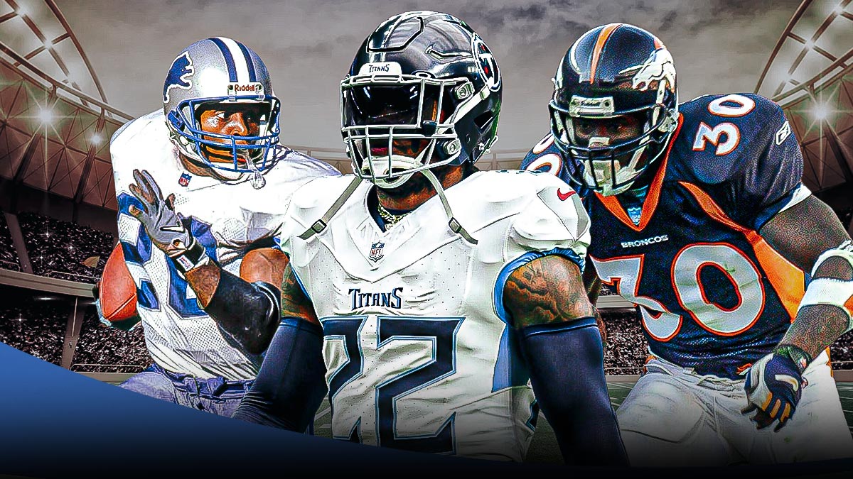 Barry Sanders (Lions), Derrick Henry (Titans), Terrell Davis (Broncos) all together with "2,000" written in big bold letters on the graphic.