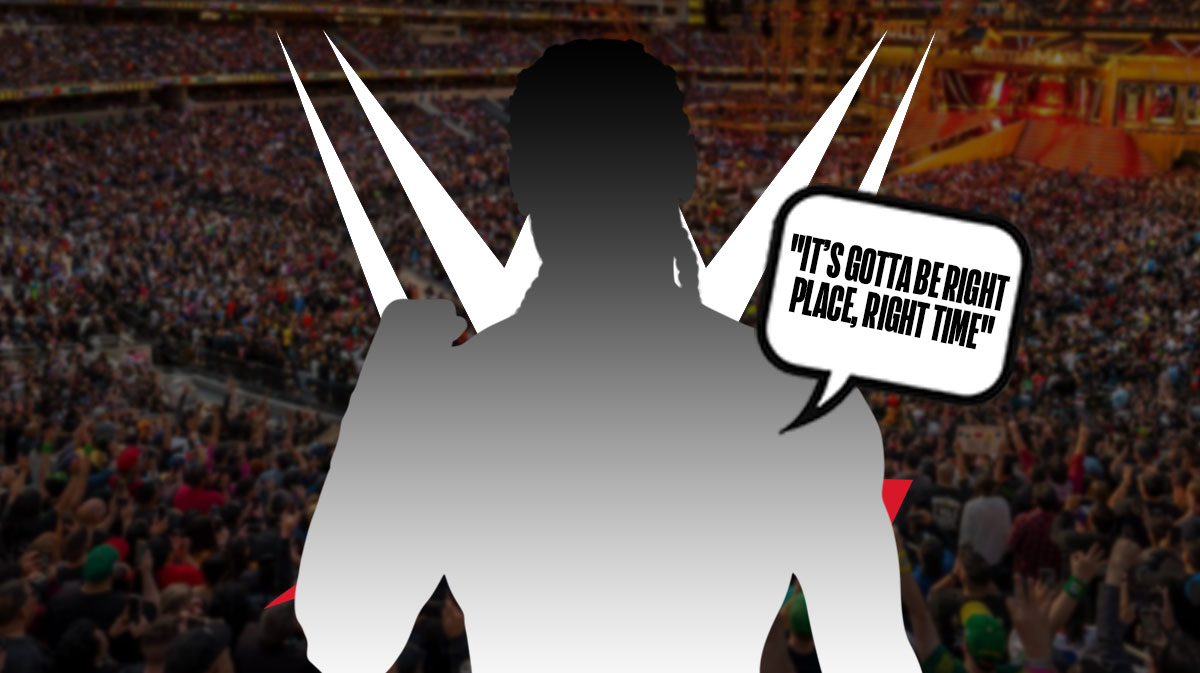 The blacked-out silhouette of Mustafa Ali with a text bubble reading "It’s gotta be right place, right time" in front of the WWE logo.