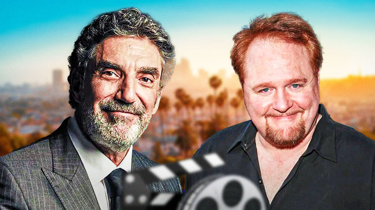 Bookie Season 2 (Max series) creators Chuck Lorre and Nick Bakay with Los Angeles, California, background.
