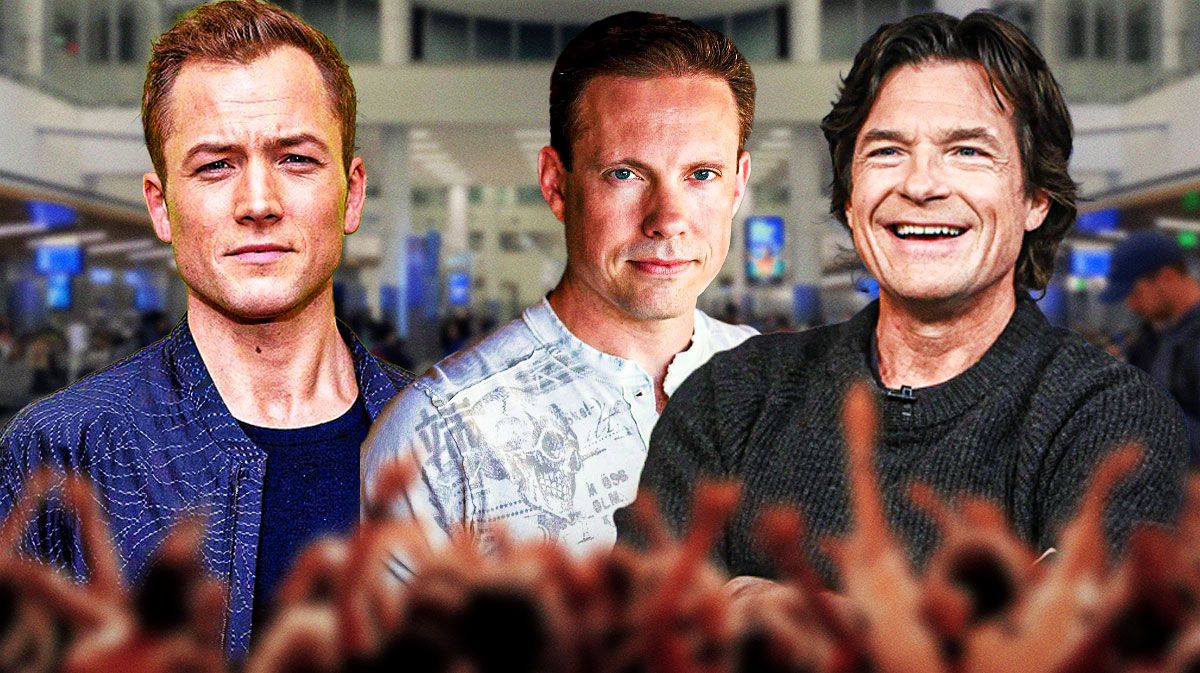 Carry-On stars and stunt coordinator Taron Egerton, Dave Macomber, and Jason Bateman with airport terminal background.