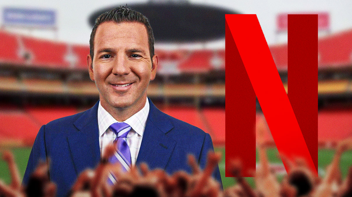 NFL insider Ian Rapoport with Netflix, who will host two games on Christmas, logo and Arrowhead Field background.