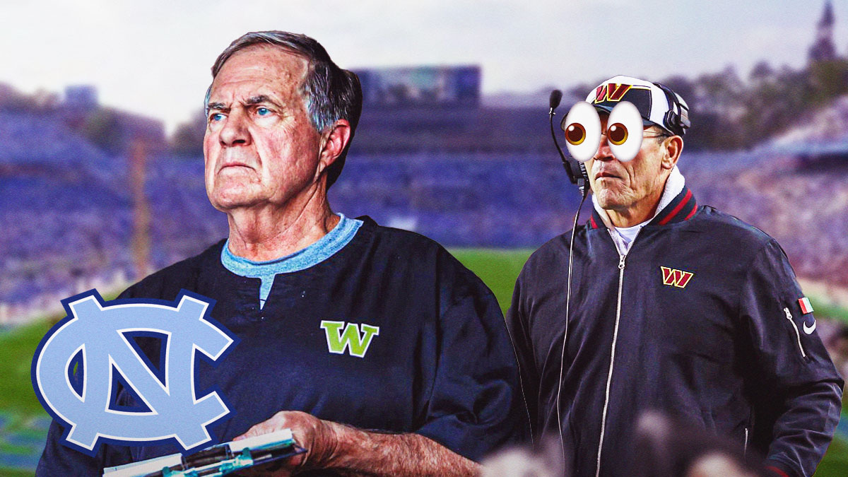 Photo: Ron Rivera with peeping eyes looking at Bill Belichick coaching, UNC logo beside Belichick