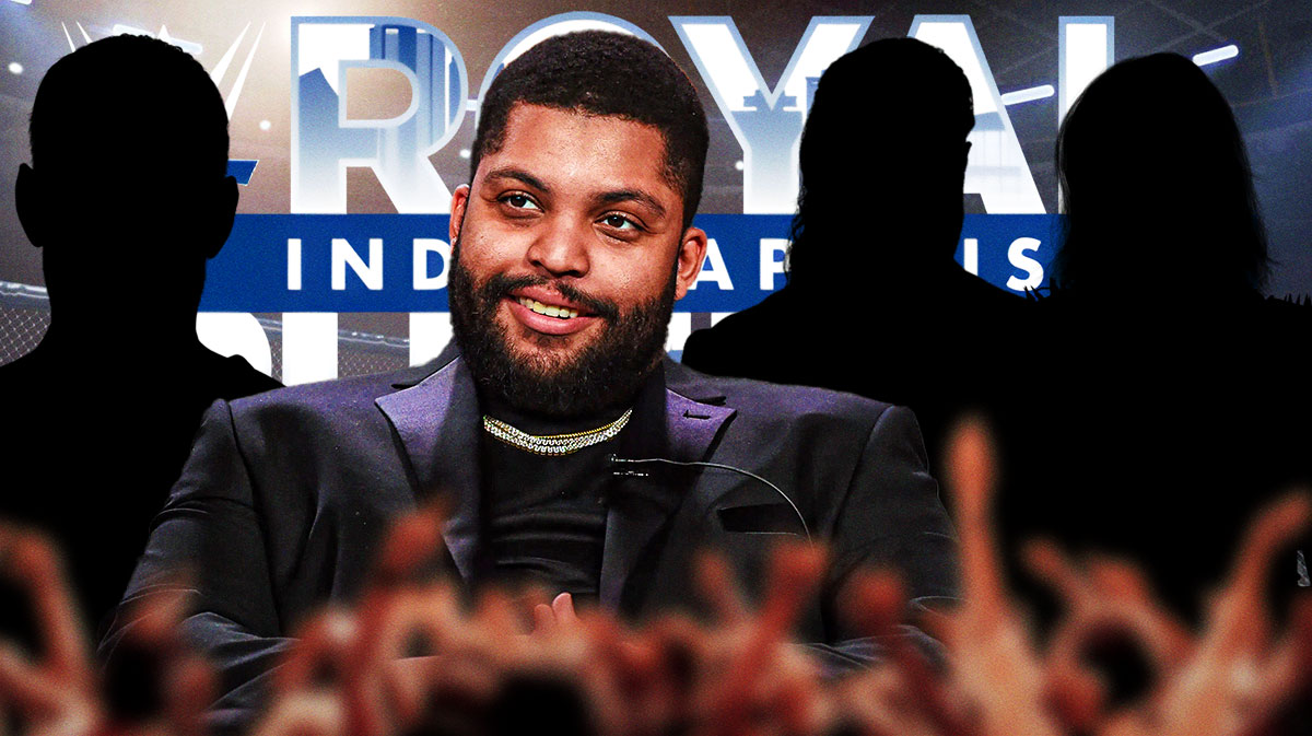 O'Shea Jackson Jr with WWE 2025 Royal Rumble logo and silhouettes of CM Punk, Seth Rollins, and Rhea Ripley.