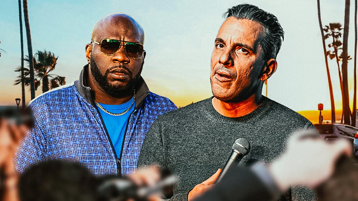Omar J Dorsey and Sebastian Maniscalco, who star in Bookie Season 2, with Los Angeles, California, background.