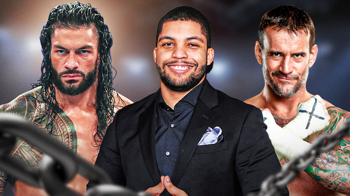 WWE stars Roman Reigns and CM Punk with O'Shea Jackson Jr in between them.