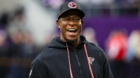 Atlanta Falcons head coach Raheem Morris looks on before the game against the Minnesota Vikings at U.S. Bank Stadium.