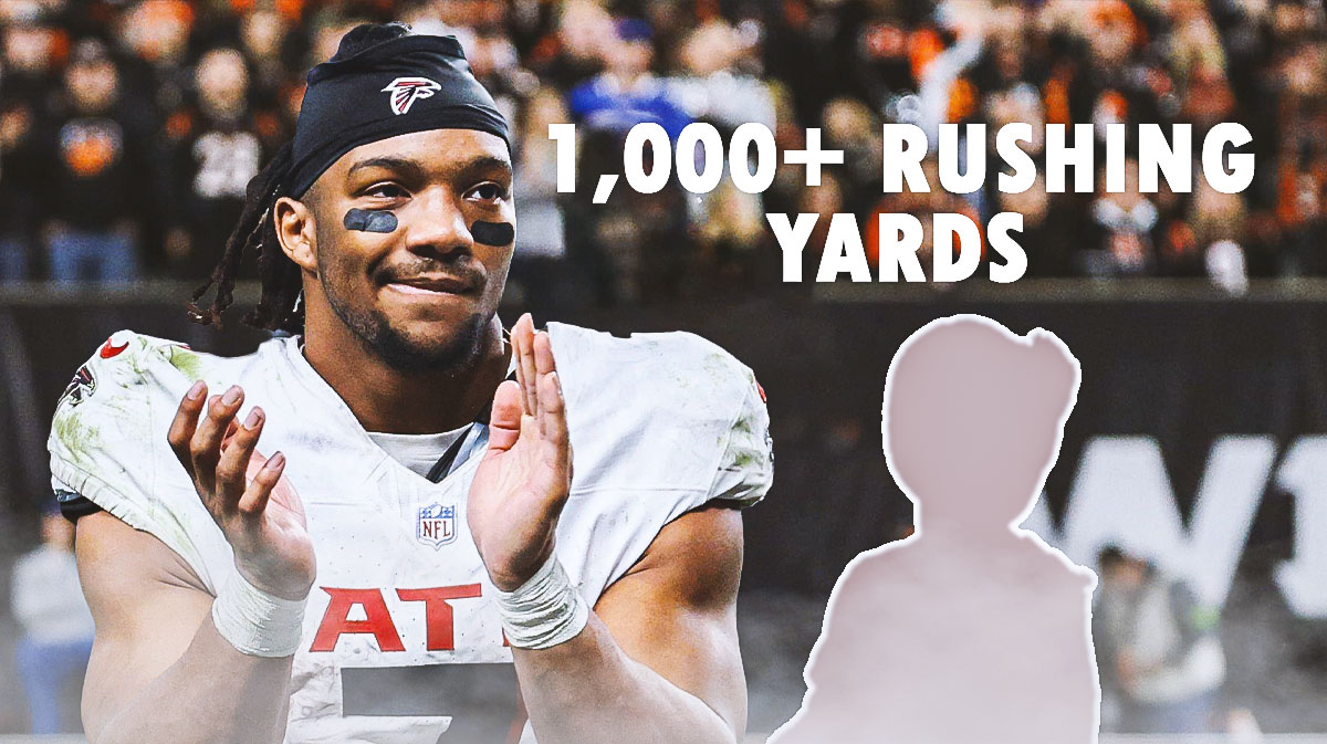 Falcons running back Bijan Robinson with text beside him that says "1,000+ rushing yards" and silhouettes of Falcons fans below him, and a background of Allegiant Stadium