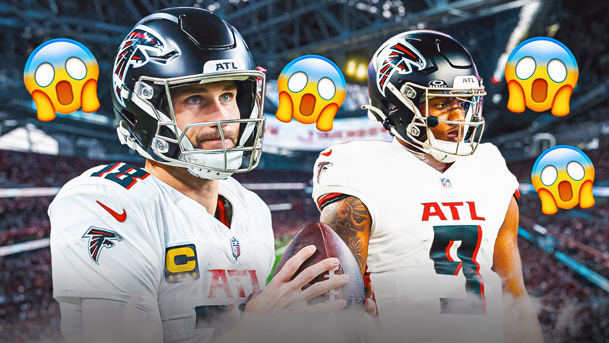 Falcons' Kirk Cousins and Michael Penix Jr. with shocked emojis around them