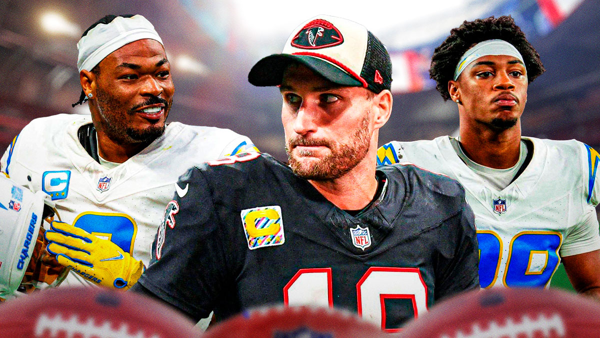 Falcons Kirk Cousins looking disappointed with Chargers Derwin James and Chargers Tarheeb Still behind him