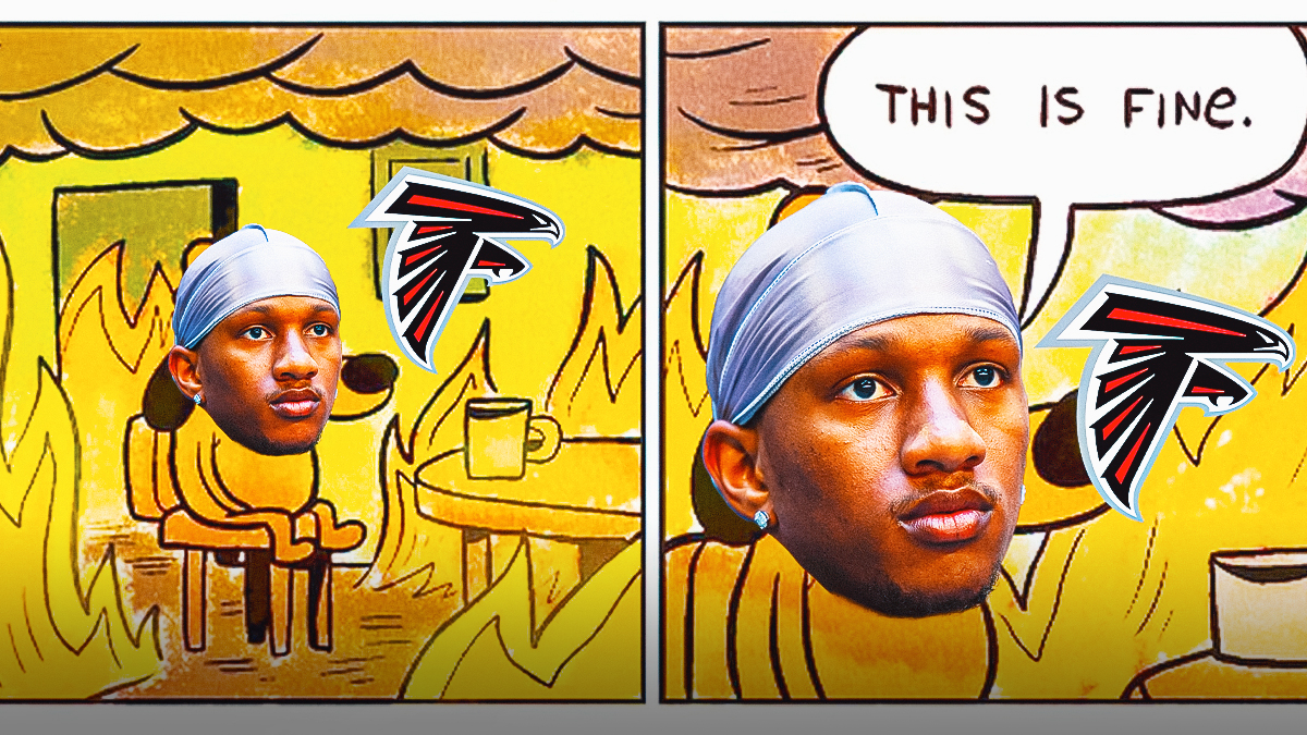 This is fine meme but cutout head of Michael Penix on the dog's face and a Falcons logo in the background of both panels of the comic