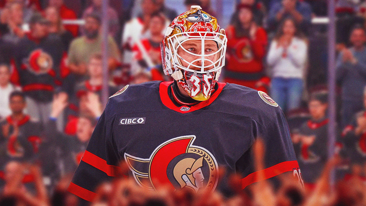 Senators goalie Linus Ullmark and cheering Senators fans behind him