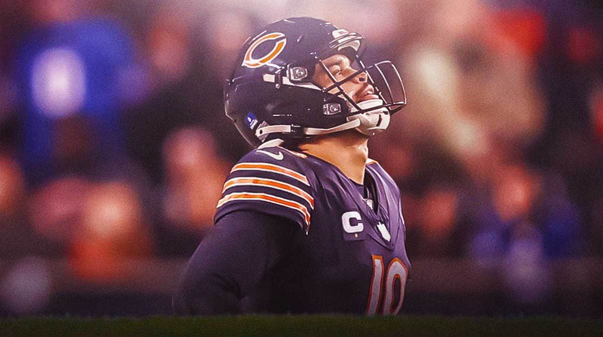 Bears QB Caleb Williams, Soldier Field behind him