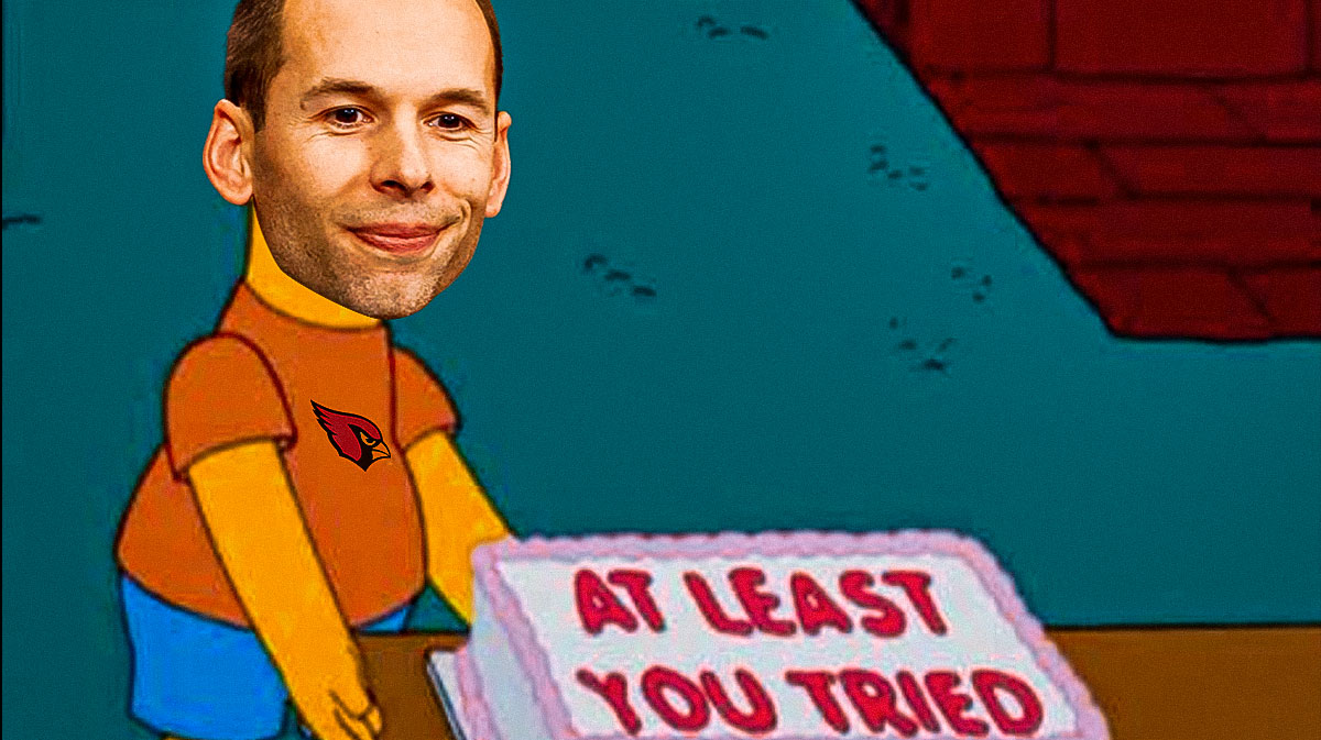 Cardinals HC Jonathan Gannon's head on Bart Simpson, holding a cake that says, "At least you tried."