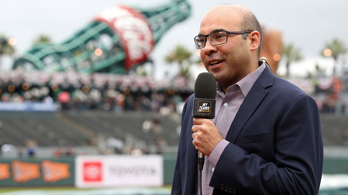 San Francisco Giants President of Baseball Operations Farhan Zaidi is interviewed on the field before the game between the San Francisco Giants and the Tampa Bay Rays at Oracle Park. 