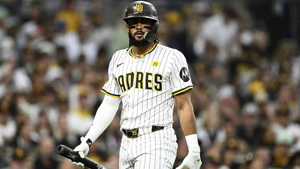 San Diego Padres outfielder Fernando Tatis Jr. (23) reacts after striking out in the first inning against the Los Angeles Dodgers during game four of the NLDS for the 2024 MLB Playoffs at Petco Park