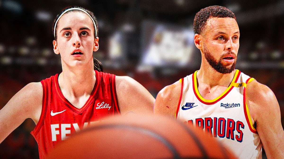 WNBA Indiana Fever player Caitlin Clark and NBA Golden State Warriors Steph Curry, both playing basketball