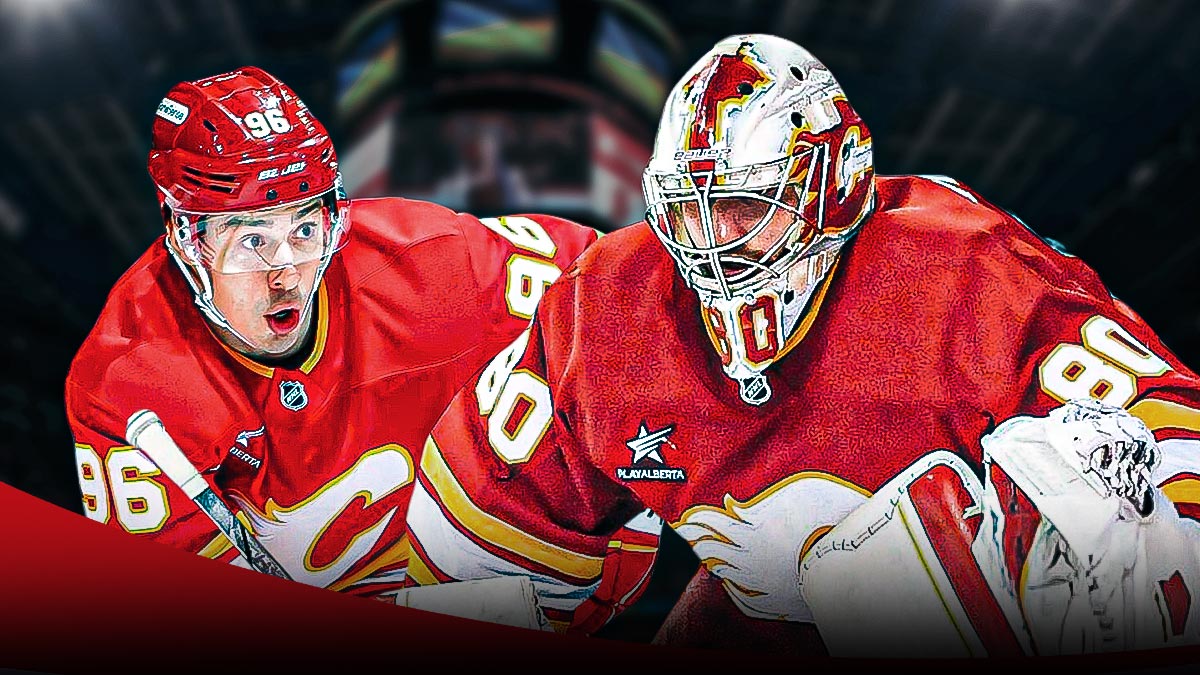 Flames' Dan Vladar and Andrei Kuzmenko inside the Saddledome