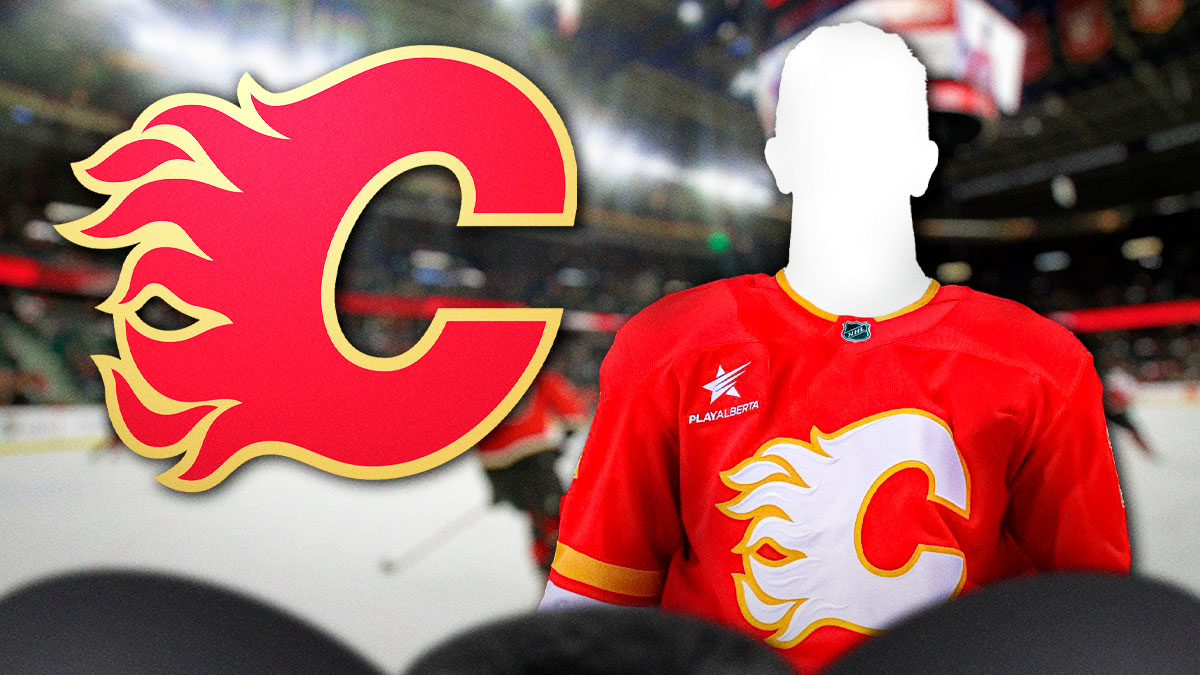 Silhouetted player in a Calgary Flames jersey (no C or A on jersey), Calgary Flames logo, hockey rink in background